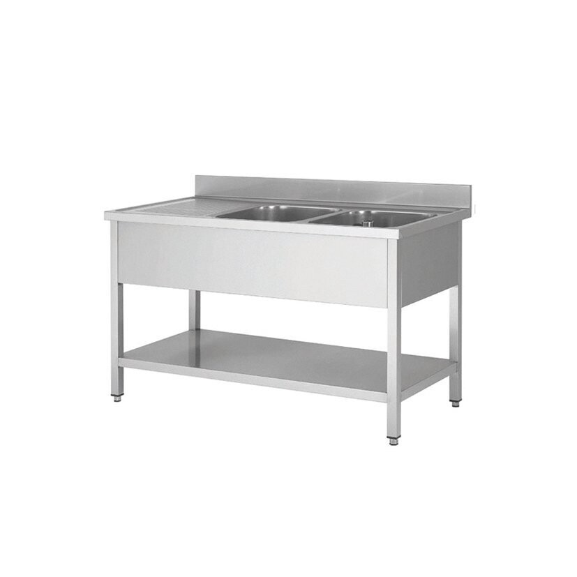 Spültisch Edelstahl 2 Becken seitlich, mit Tropffläche,  Bautiefe 600mm, Baubreite: Breite 1600mm, Beckenseite: Becken rechts, Tropffläche links