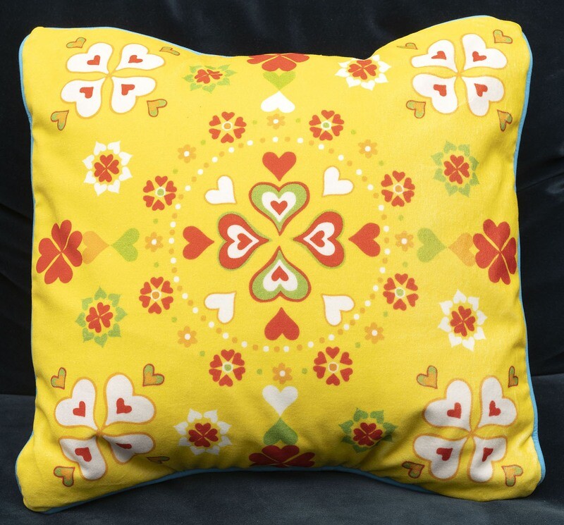 NAT THE CAT CUSHION COVER - YELLOW, HEARTS & FLOWERS NAT THE CAT CUSHION COVER - YELLOW, HEARTS & FLOWERS