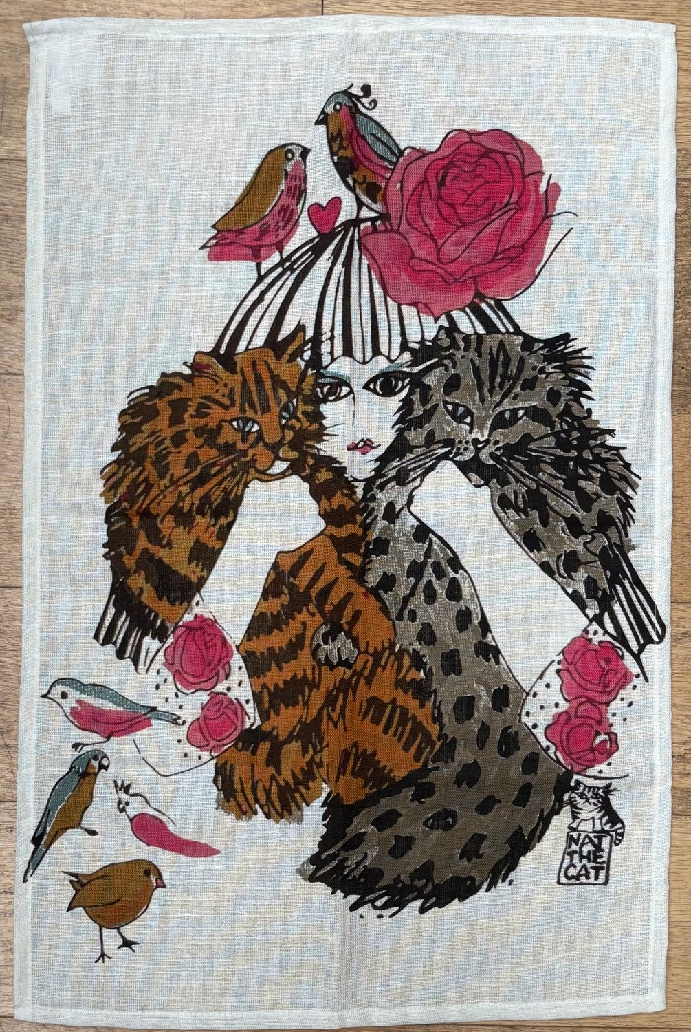 Tea towel - Lady with 2 cats