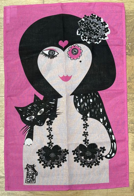 Tea Towel - Lady &amp; Cat on shoulders