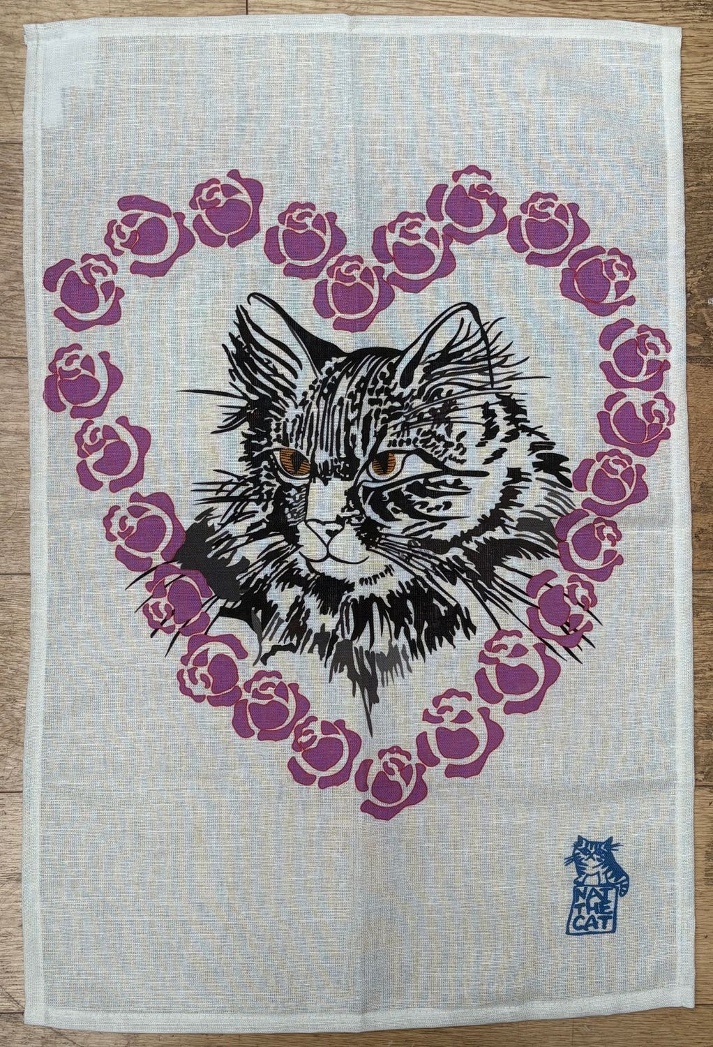 Tea Towel - Cat in pink heart