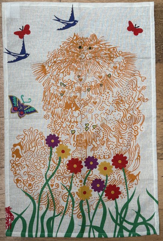 Tea towel - Orange cat &amp; flowers