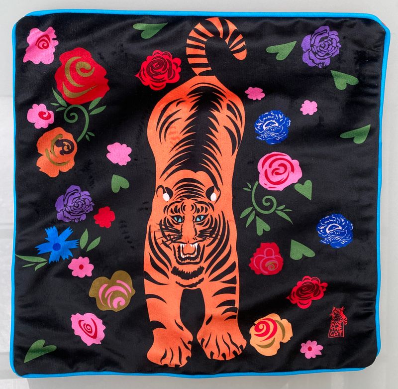 NAT THE CAT CUSHION COVER - Growling orange tiger on black