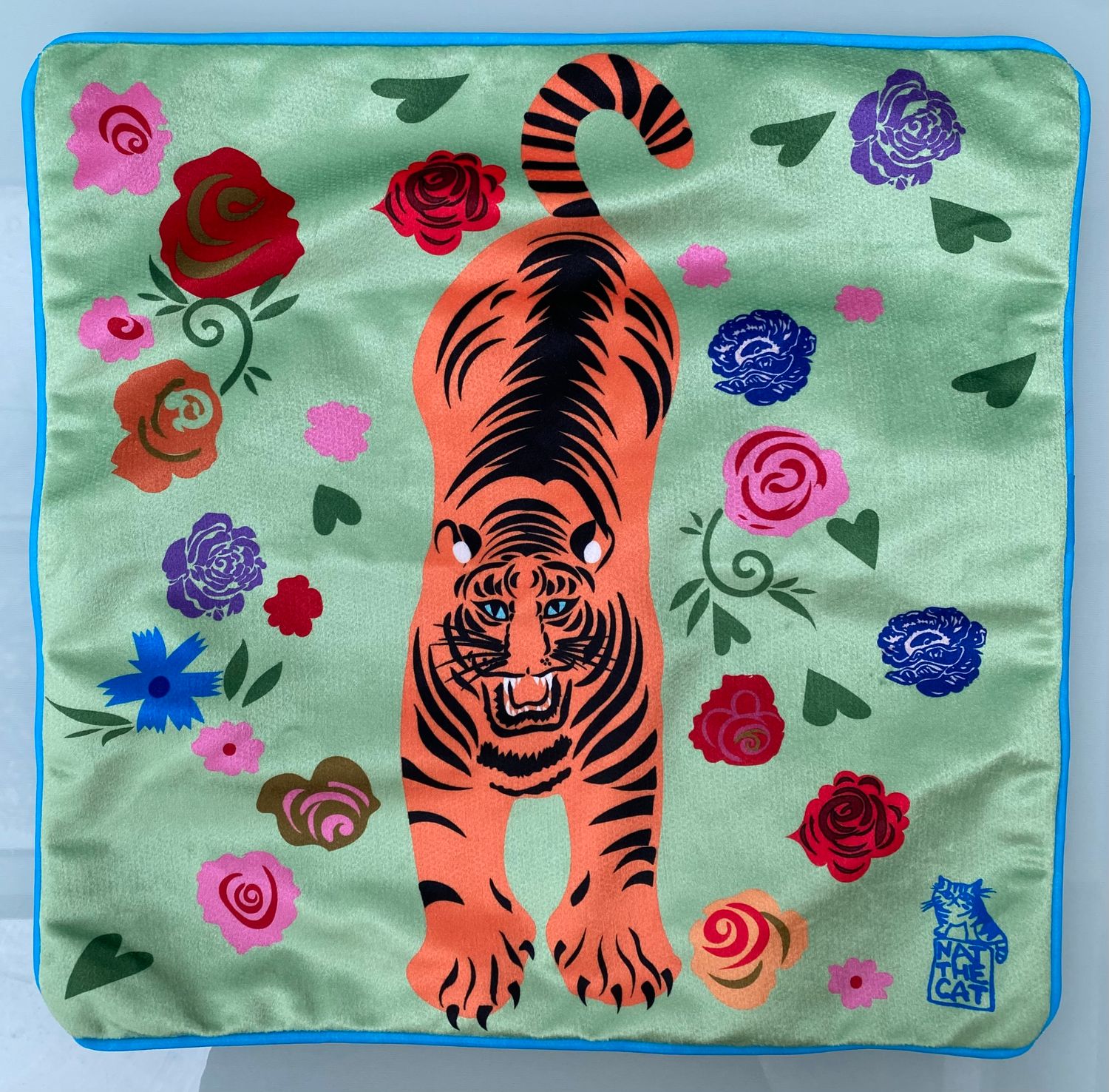NAT THE CAT CUSHION COVER - Growling orange tiger on green