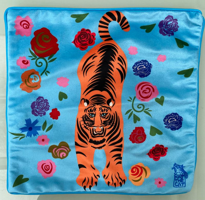 NAT THE CAT CUSHION COVER - Growling orange tiger on blue