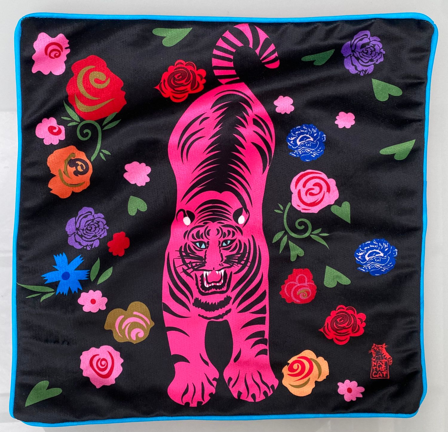 NAT THE CAT CUSHION COVERS - Pink tiger on black