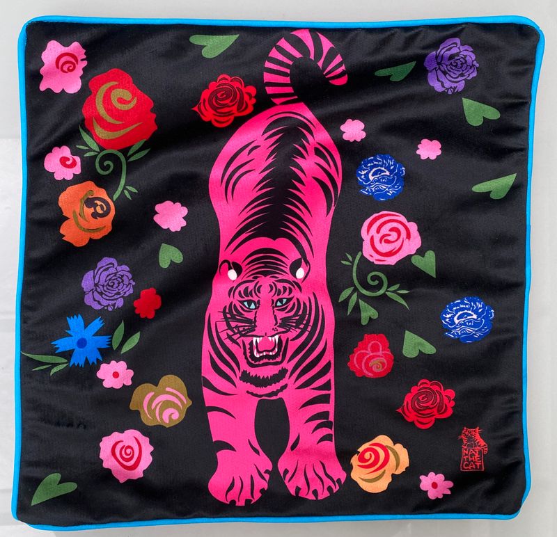 NAT THE CAT CUSHION COVERS - Pink tiger on black