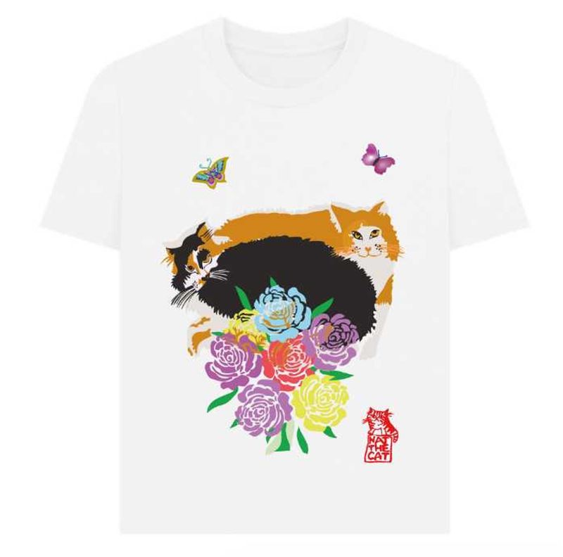 "NatTheCat” 2 cats &amp; flowers white organic cotton t-shirt