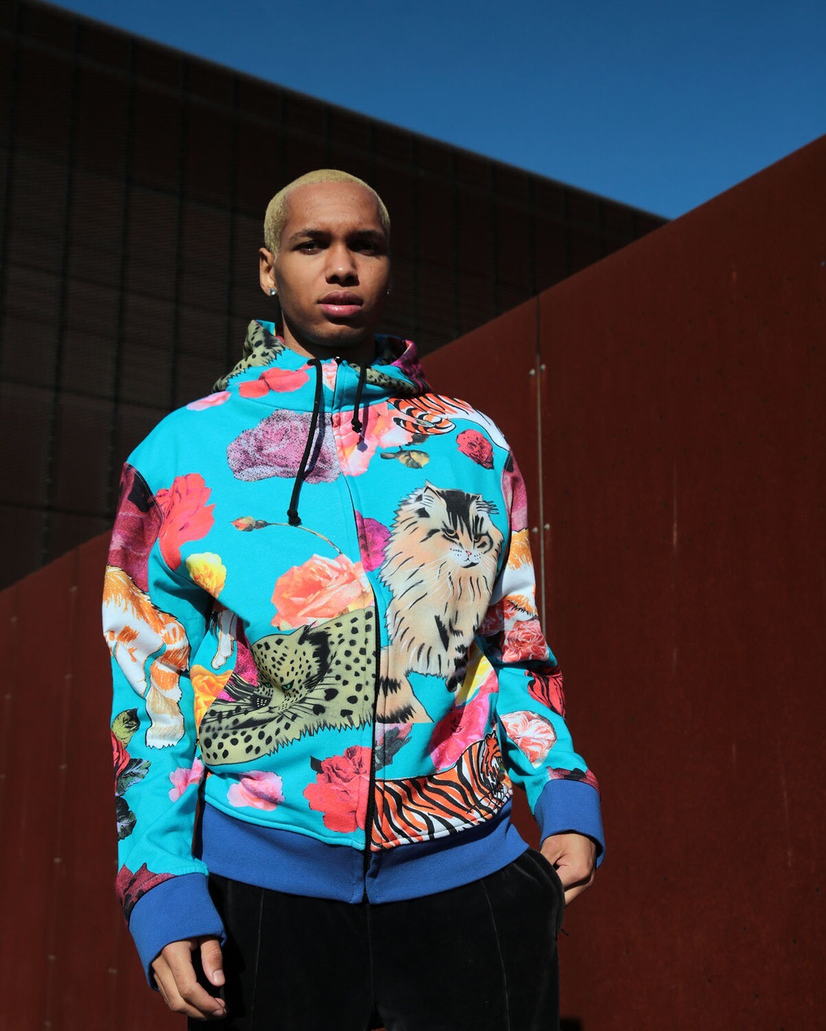 "NatTheCat" digitally printed zipped hoodie NTC#001 TURQUOISE