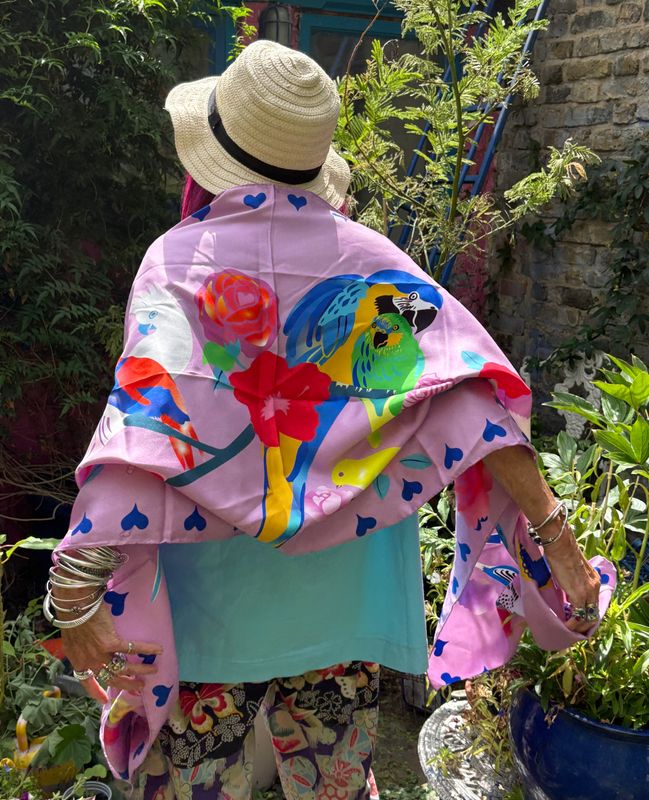 Silk scarf "Parrots &amp; Butterflies"