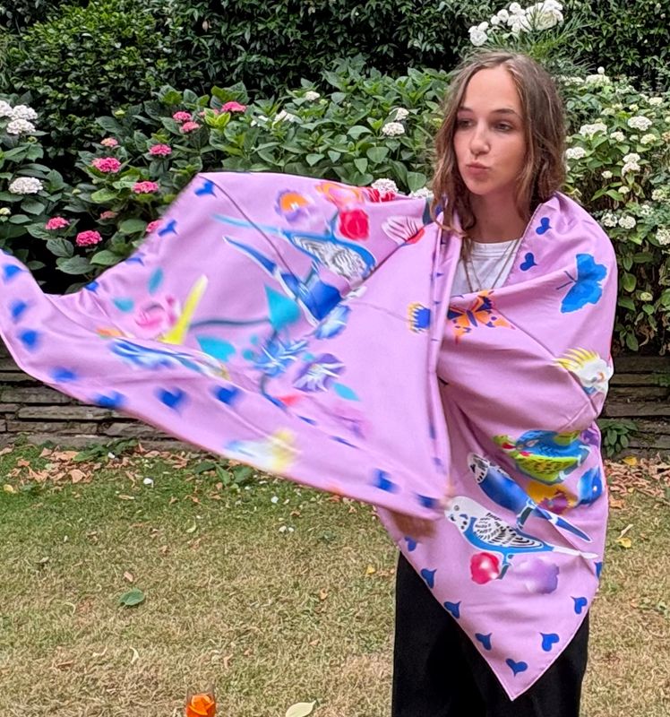 Silk scarf "Parrots &amp; Butterflies"