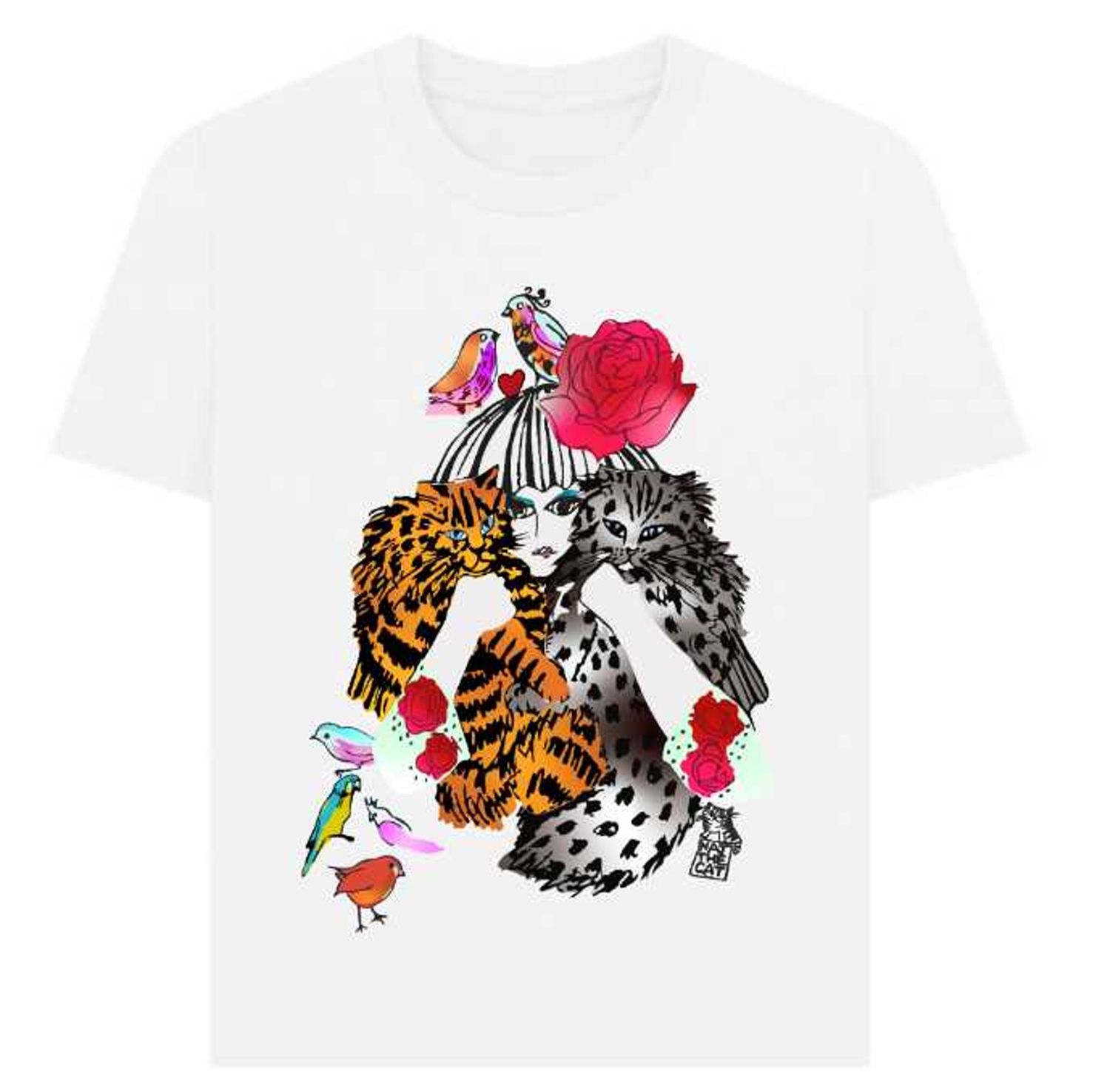 “NatTheCat” white cotton Lady with 2 cats t-shirt