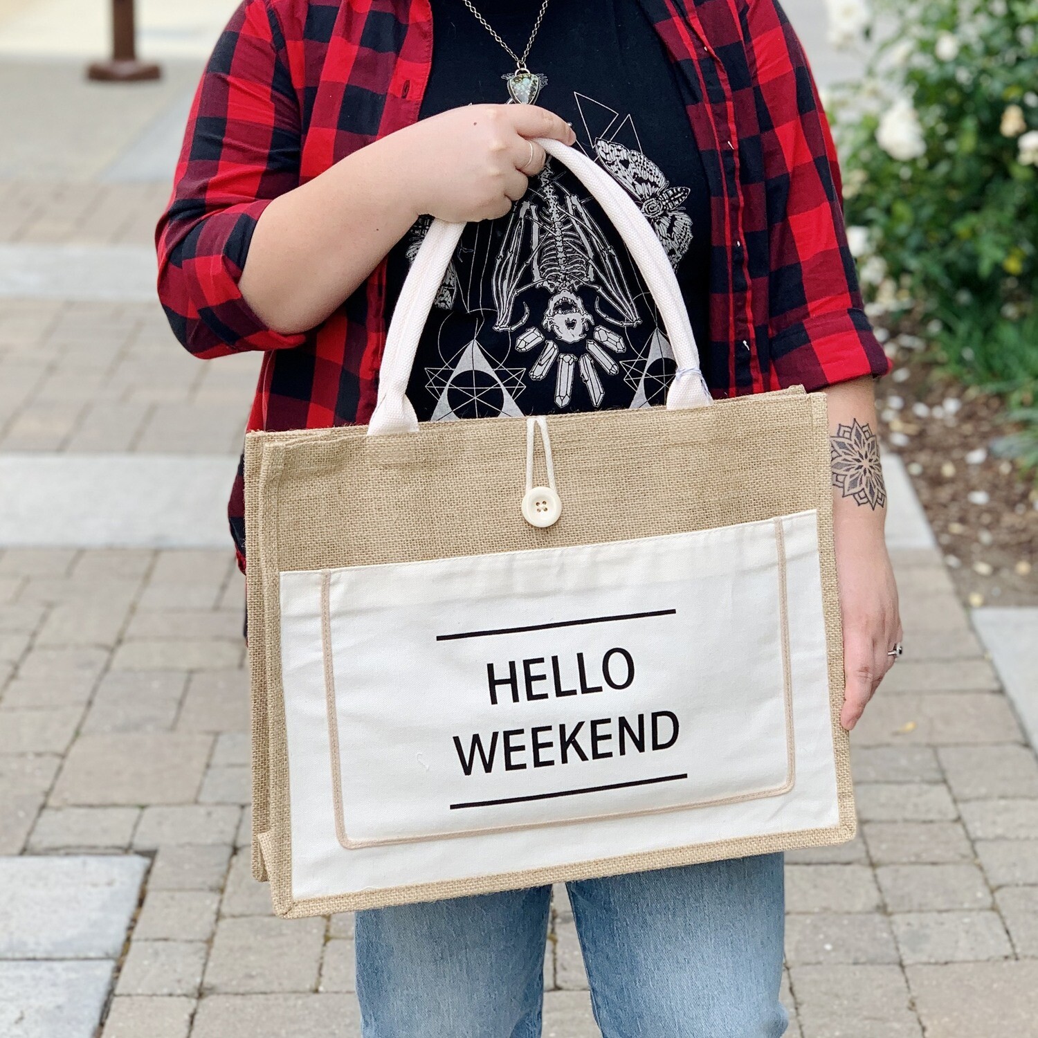 Hello Weekend Jute Tote, White Hello Weekend Jute Tote, White