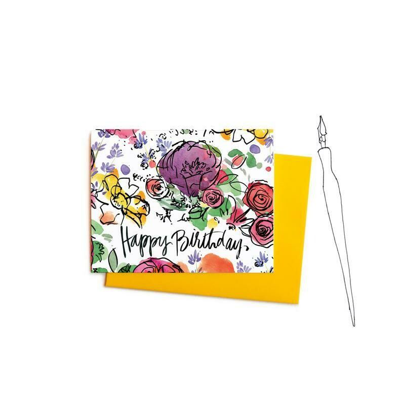 Watercolor Flowers Happy Birthday Card, Single