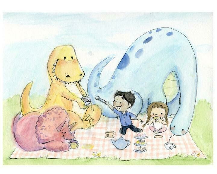 Dino tea party, 8x10 print
