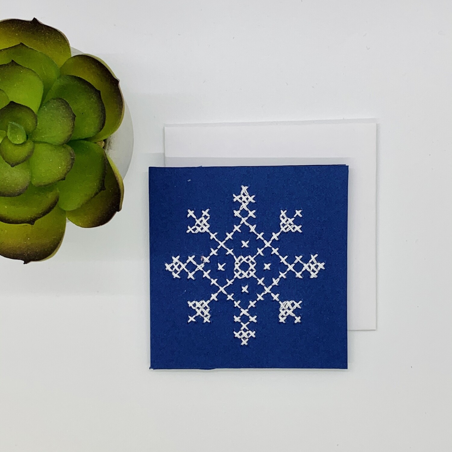 Small Card, White Snowflake Cross-stitch on Dark Blue