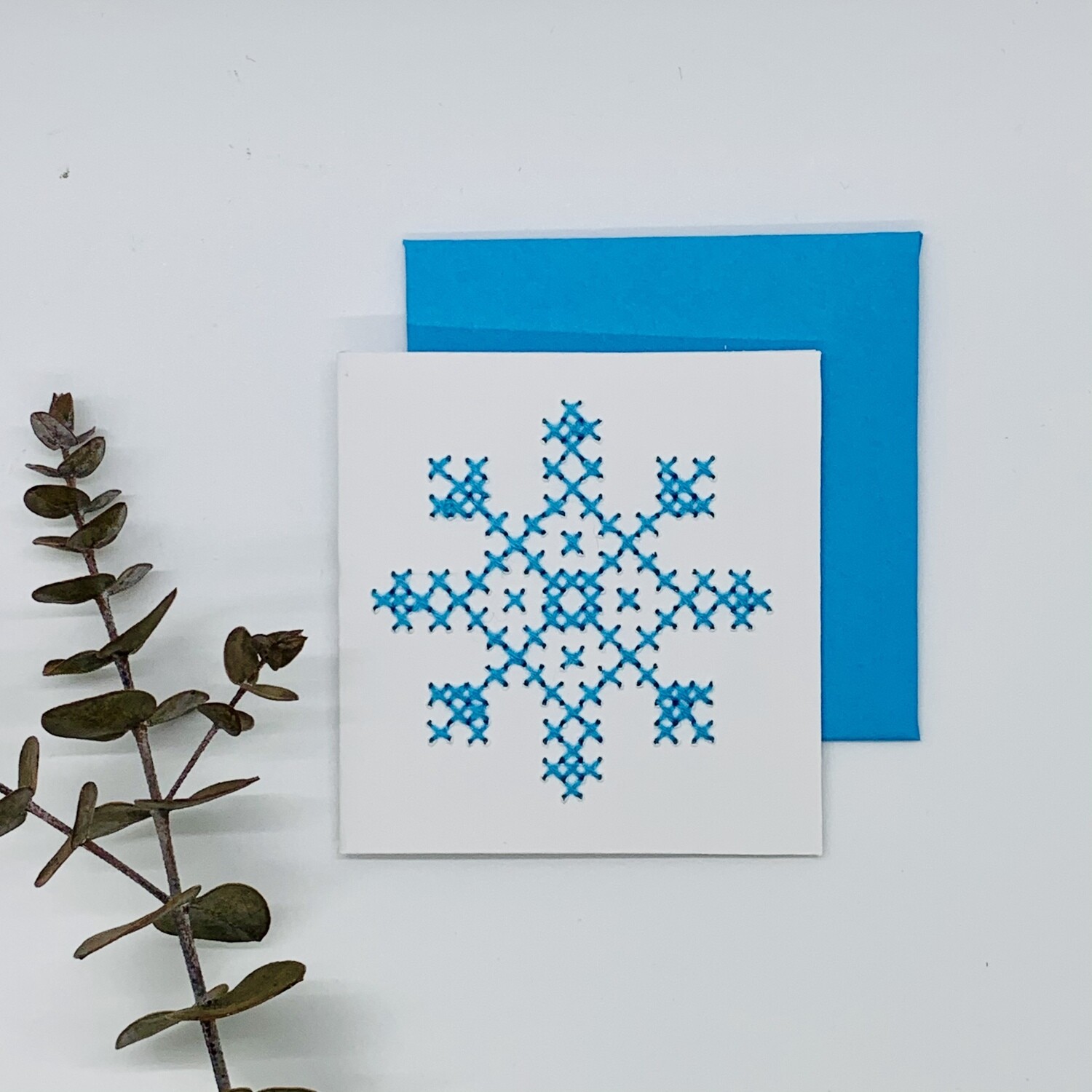 Small Card, Blue Snowflake Cross-stitch on White