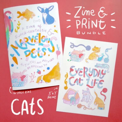 SALE - Zine, Marvelous Pets Zine & 5x7 Art Print Bundle - Cat