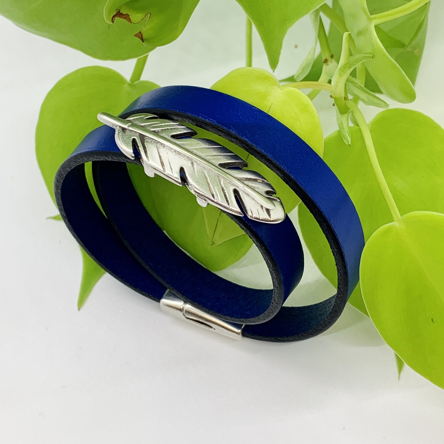 Double Wrap Bracelet, Feather - Metallic Blue