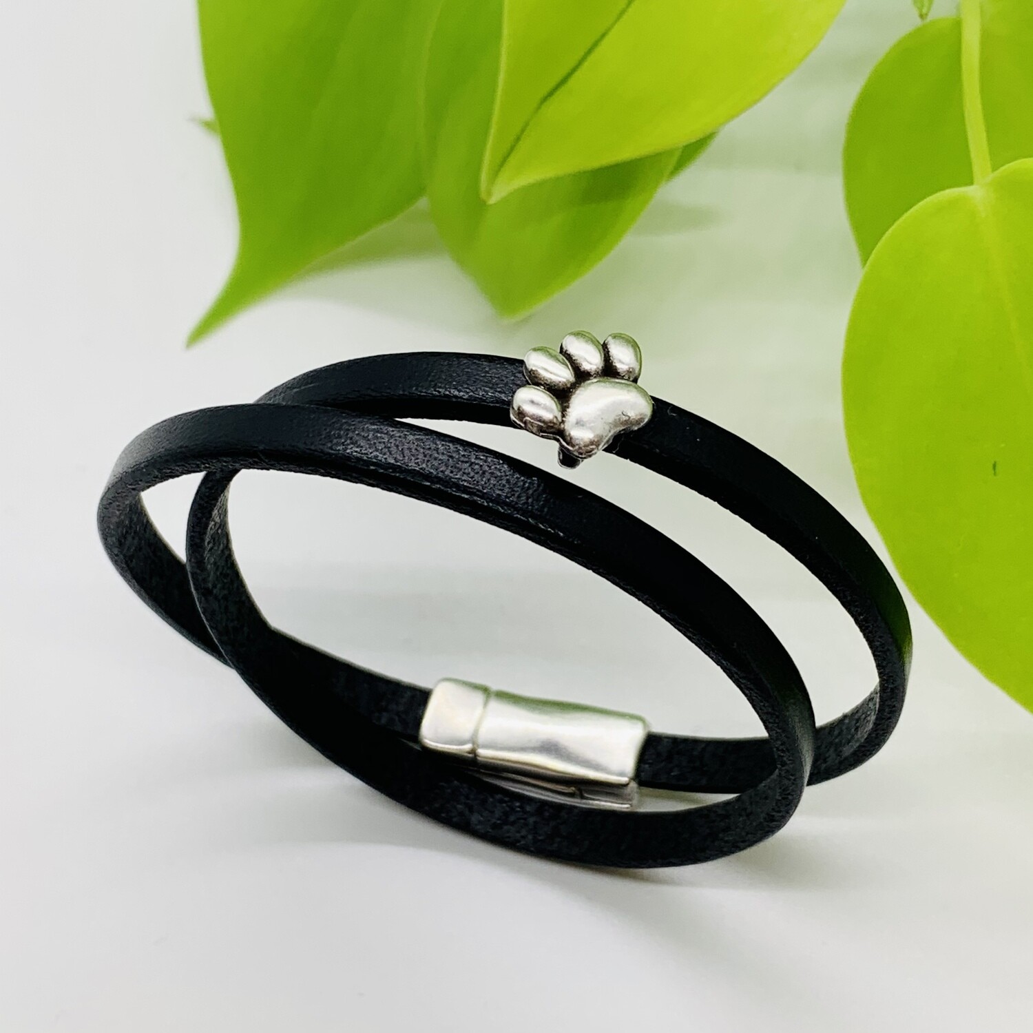 Double Wrap Bracelet, Paw Print - Black