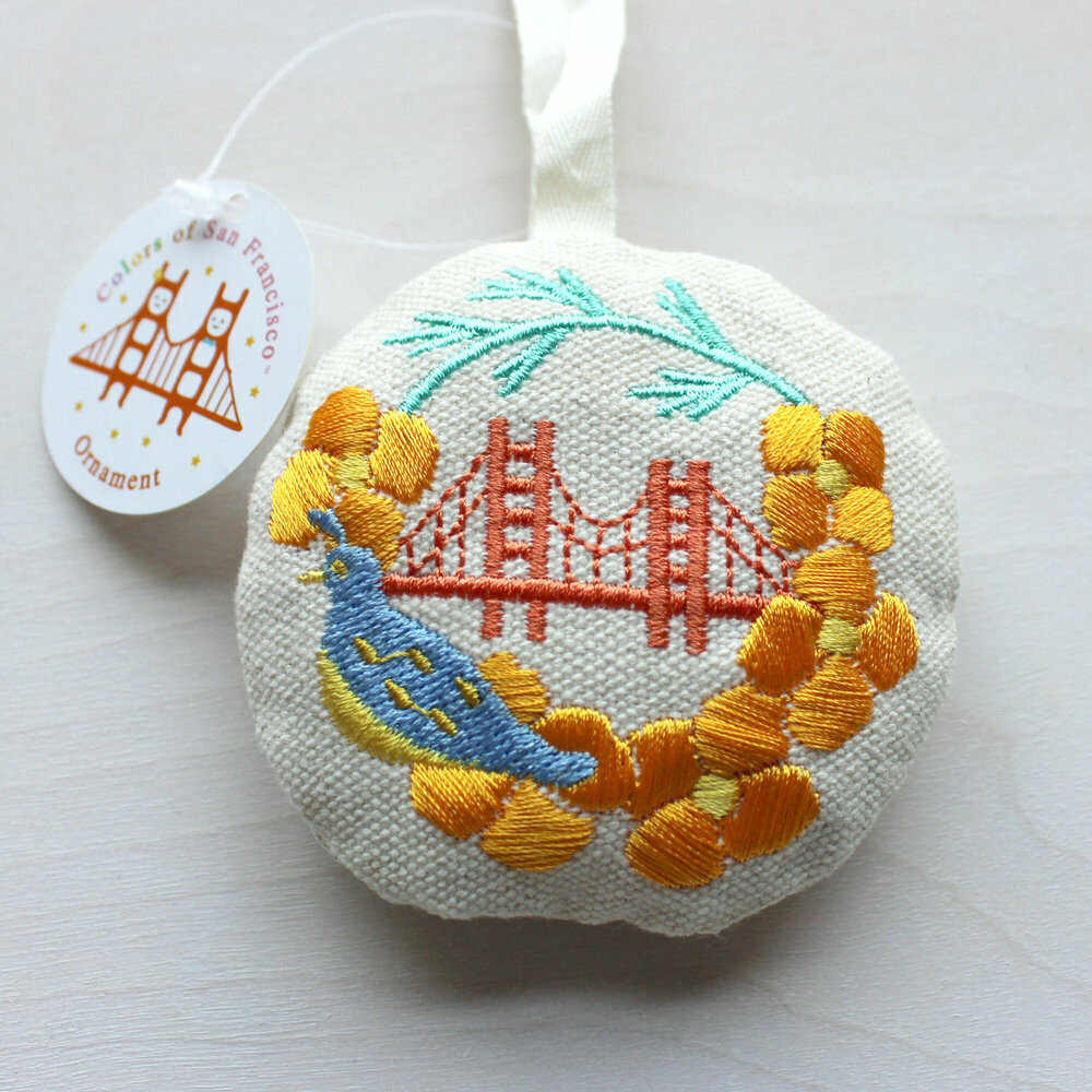 California Poppy and Quail Embroidered Ornament