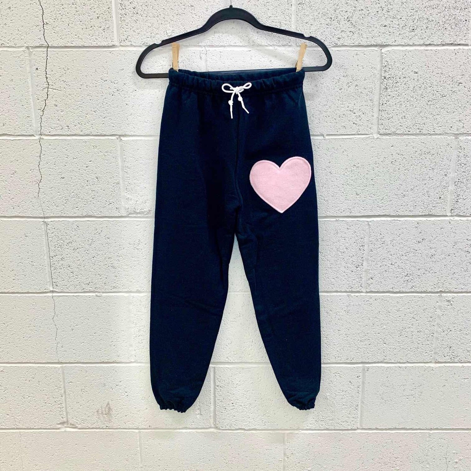Pink Heart Patch Youth Sweatpants, Black Pink Heart Patch Youth Sweatpants, Black