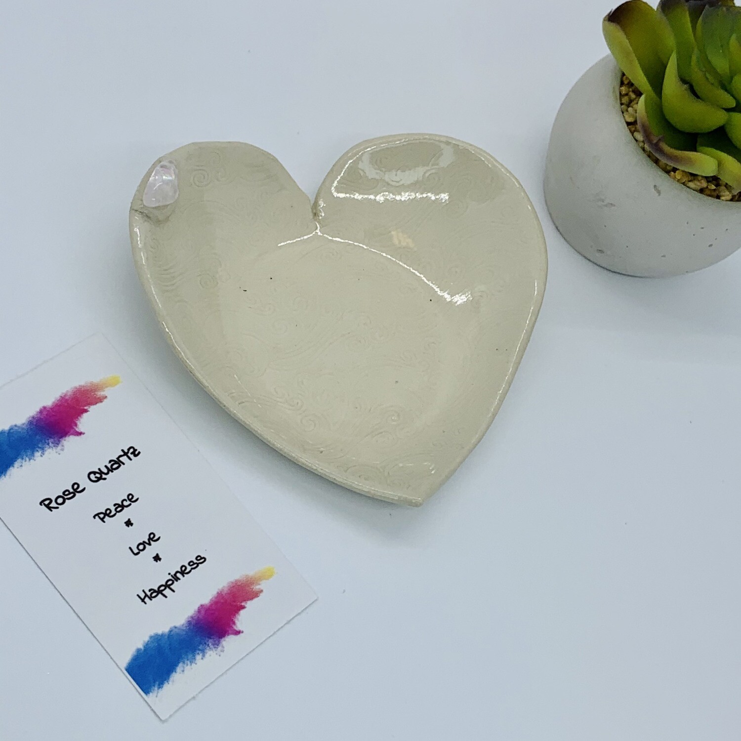 Trinket Dish, White Heart with Rose Quartz