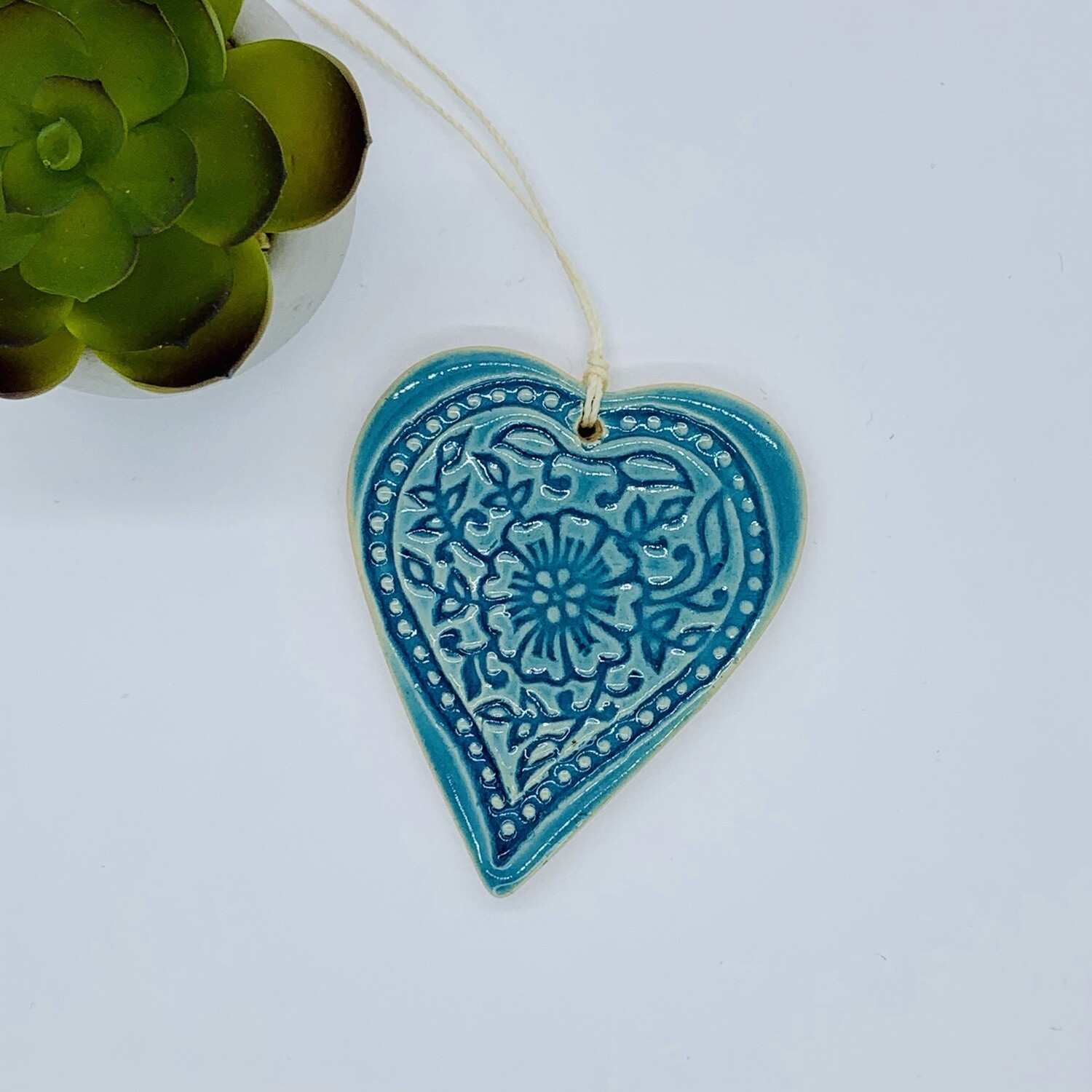 L Ceramic Heart - Turquoise Flower