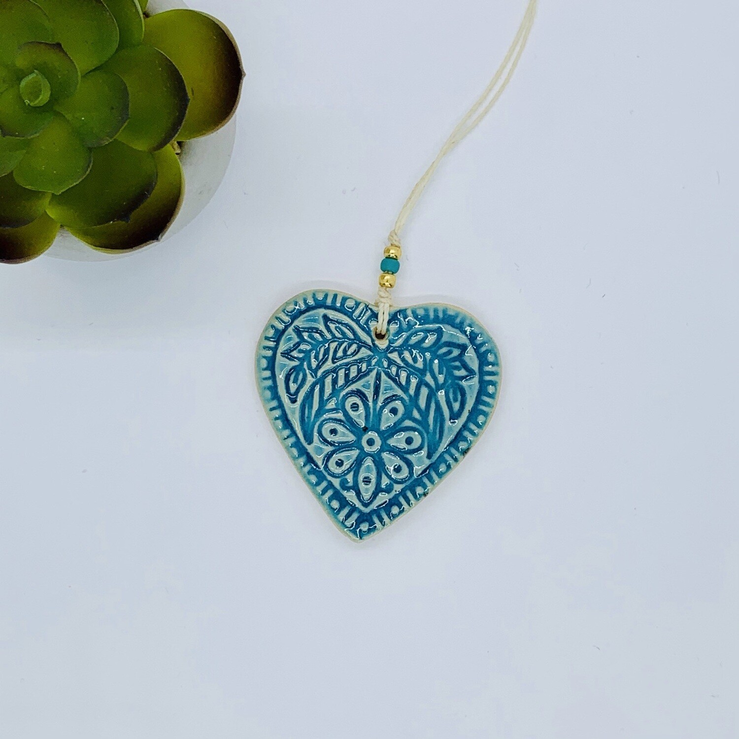 M Ceramic Heart - Turq Hanging Flower