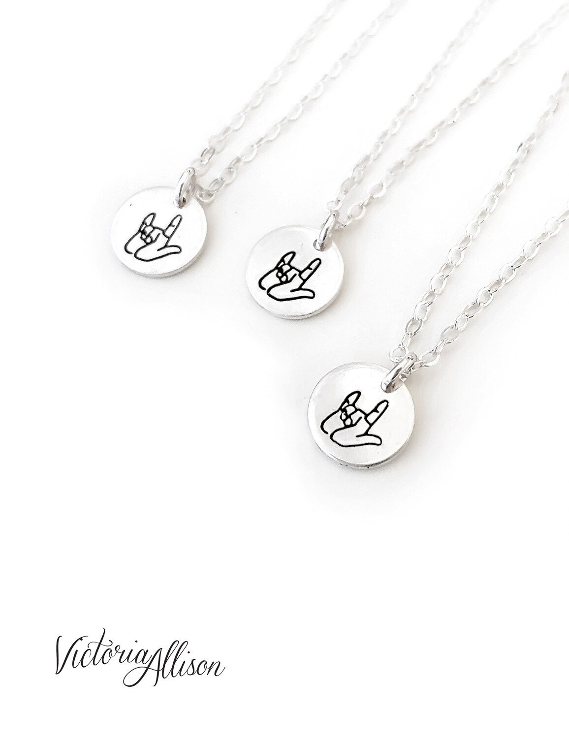 9mmStgASL-ILY-20&quot; Sterling Silver ASL &quot;I Love You&quot; 9mm Disc Necklace 20&quot; Chain