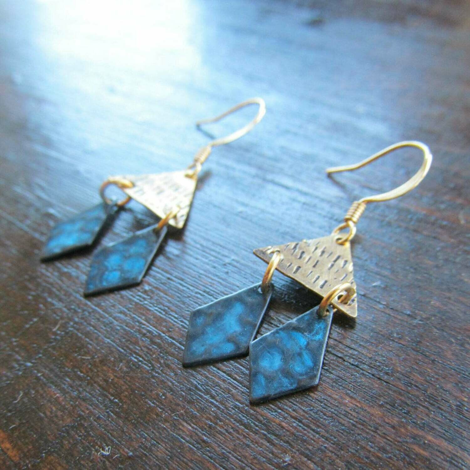 Stamped Tri W/Blue Diamonds Earrings