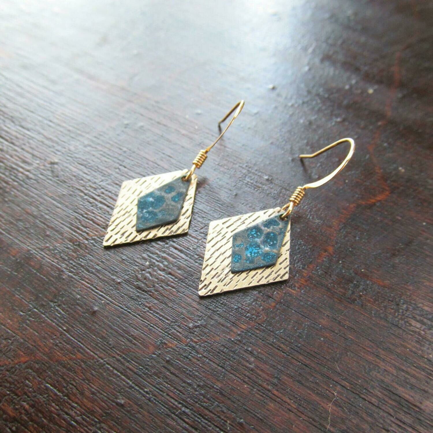 Stamped Brass Diamond Earrings w/ Blue Diamond