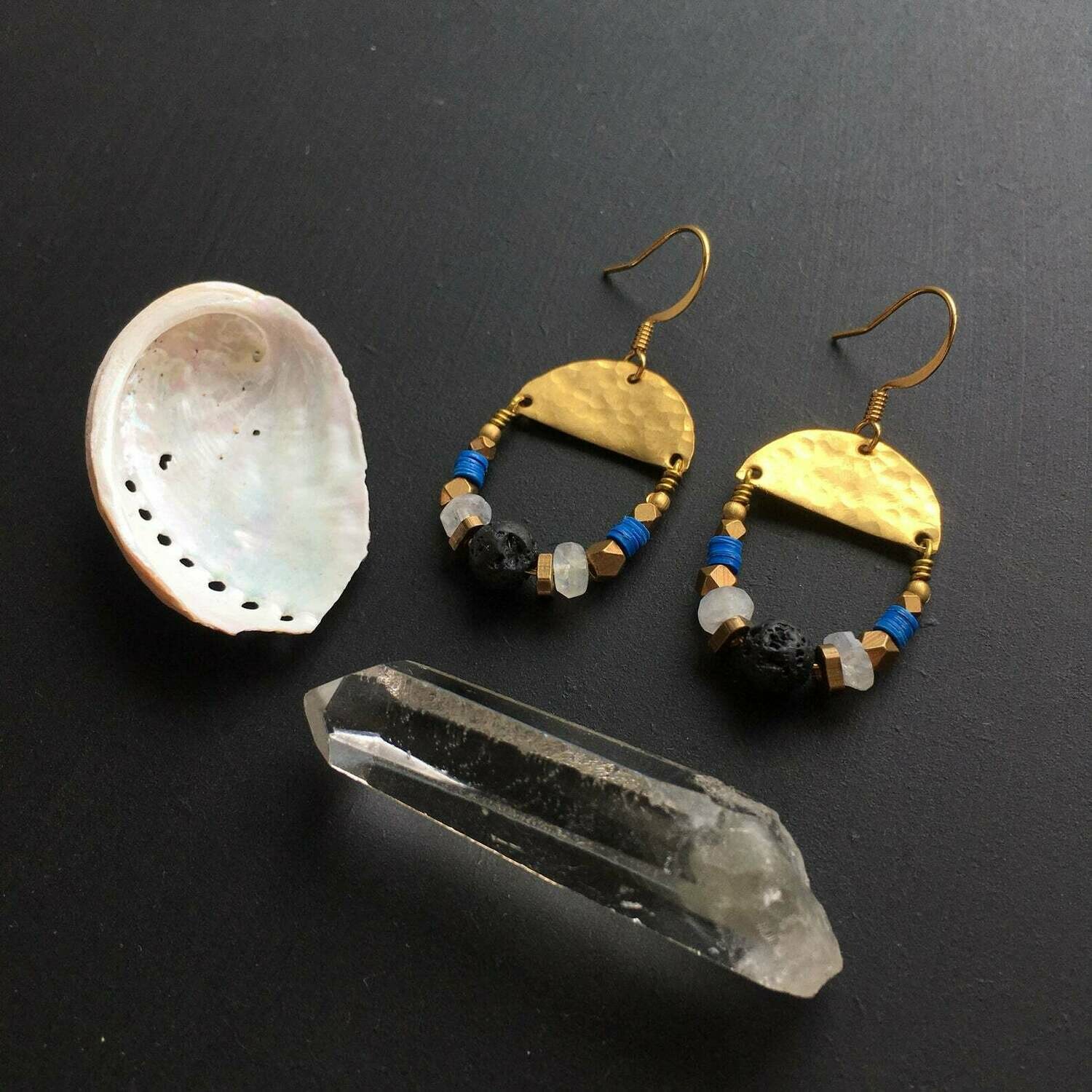 Hammered 1/2 Circle Earrings w/ Lava &amp; Moonstone