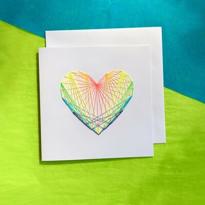 Large Card, Fluorescent Rainbow String Heart on White