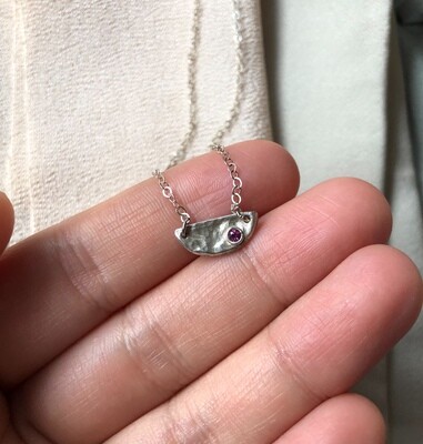 Half Moon Fine Silver Necklace w/ Rhodolite Garnet
