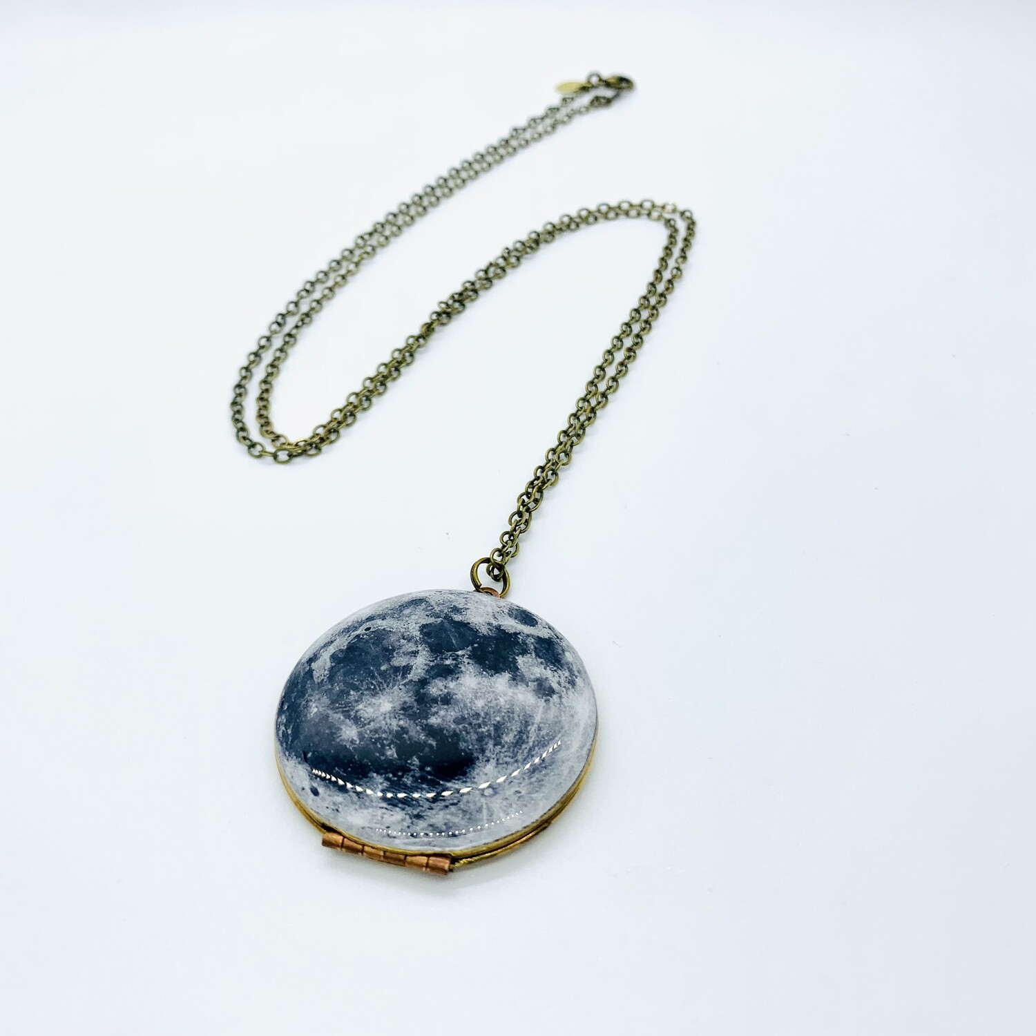 Large Brass Vintage Moon Locket, 30&quot; Chain