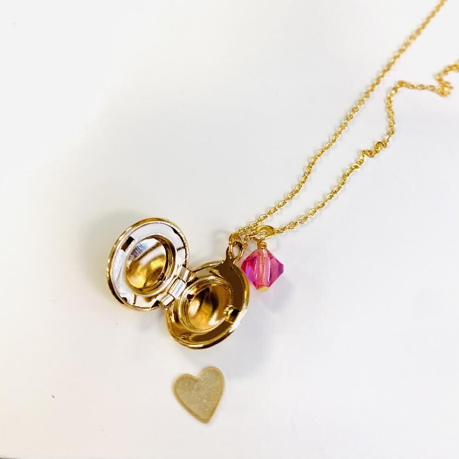13mm Gold Locket &amp; Crystal Dangle Necklace w/ Tiny Surprise, 14.5-16.5&quot; (GP Brass)