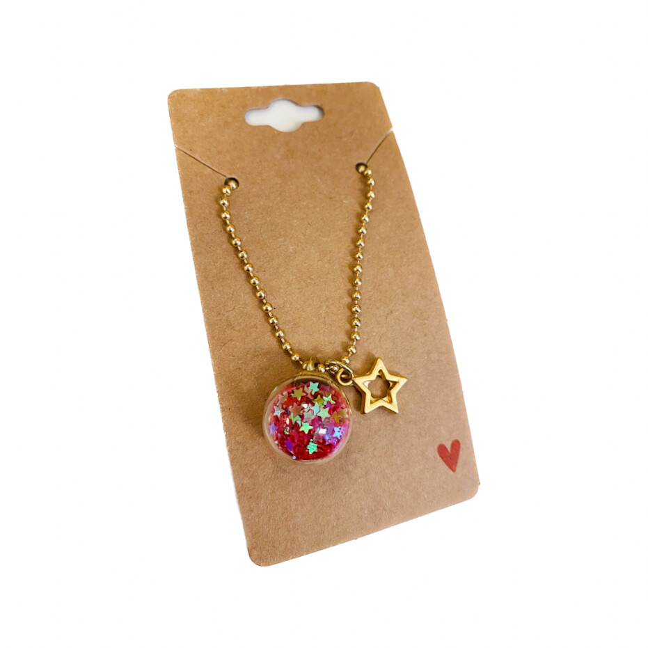 Wish Upon a Star, Raspberry Glass Globe Necklace, 18" ball chain