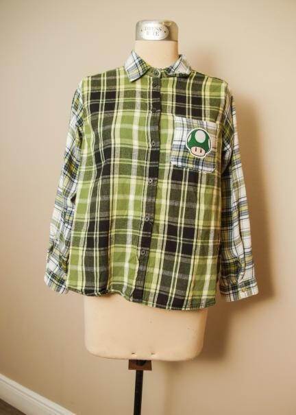 Mix Match Flannel Shirts - Black/Green with Mushroom (TOP021) - Medium