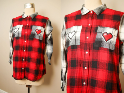 Mix Match Flannel Shirts - Red/Black Retro Hearts (TOP015) - Large