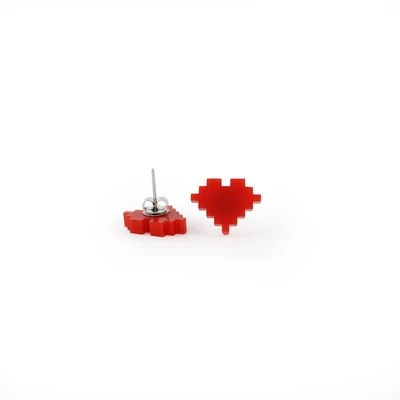 8 Bit Pixel Hearts Earrings, Red Acrylic