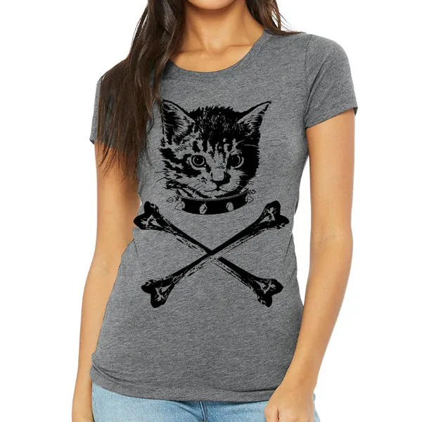 Feminine Kitten Crossbones Tee, Heather Grey