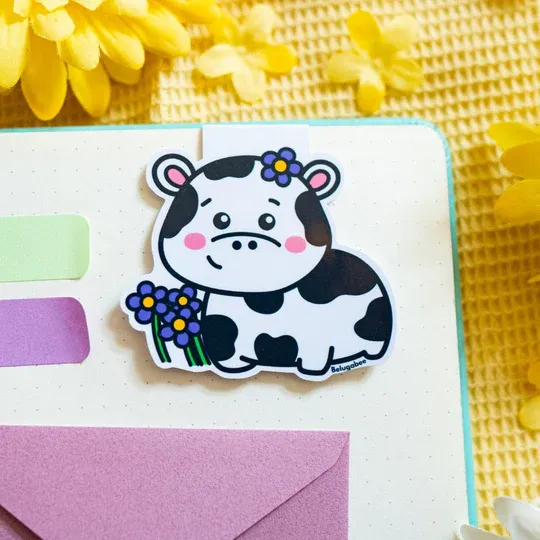 Cow &amp; Flowers Magnetic Bookmark