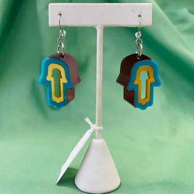 Earrings, Hamsa - Striped Acrylic