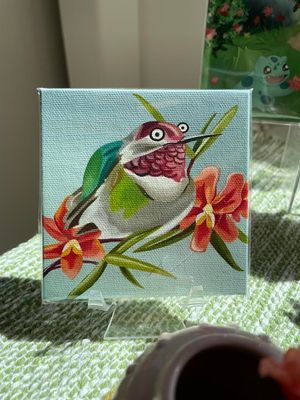 Anna&#39;s Hummingbird Mini Canvas 4x4&quot; with stand