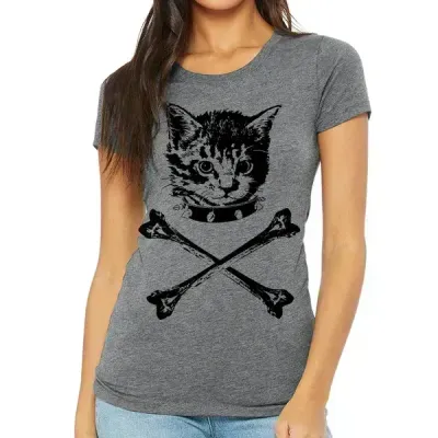 Feminine Kitten Crossbones Tee, Heather Grey