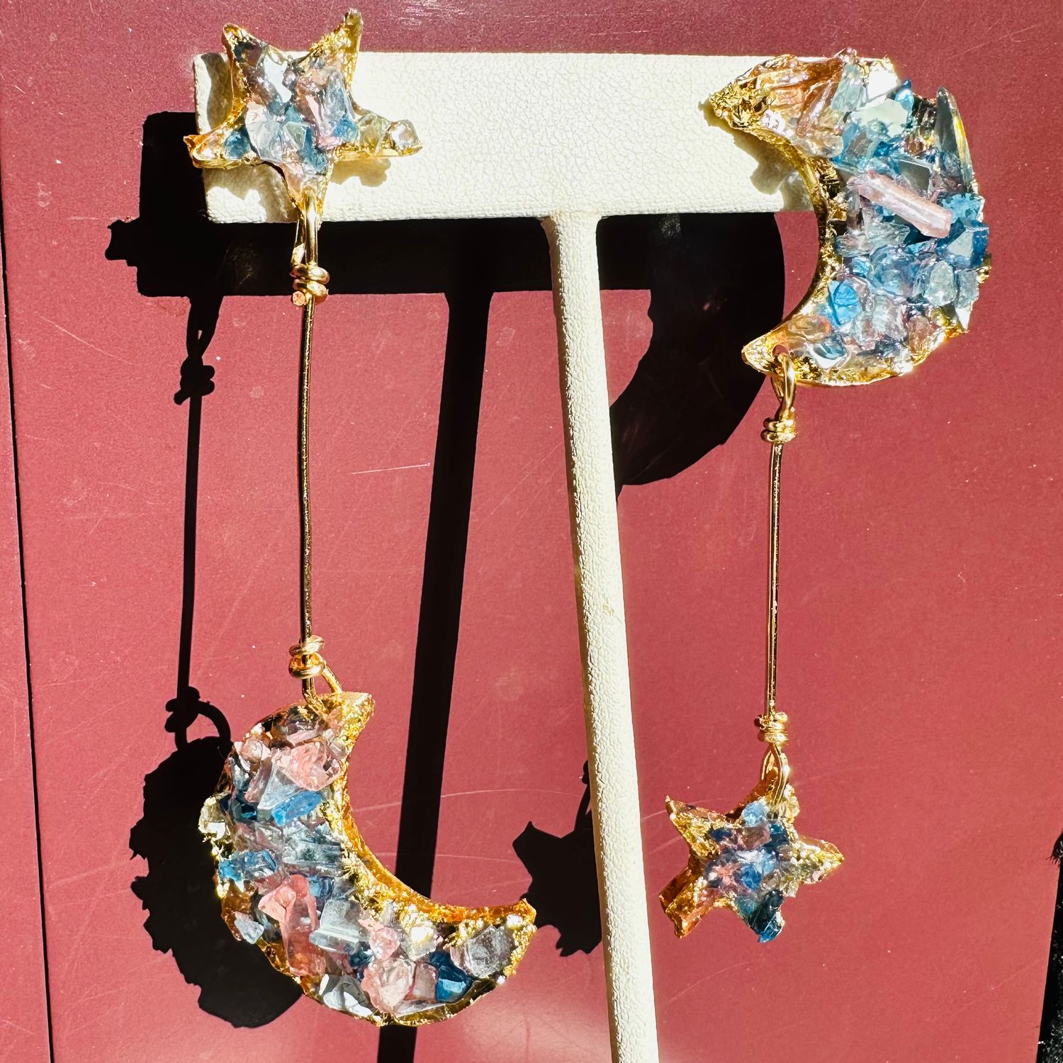 Earrings, Moon Star Dangle (Chip Glass, Gold Leaves)