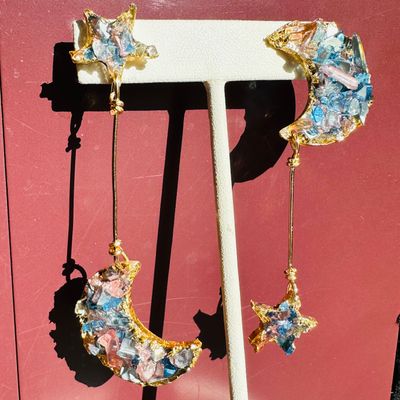 Earrings, Moon Star Dangle (Chip Glass, Gold Leaves)