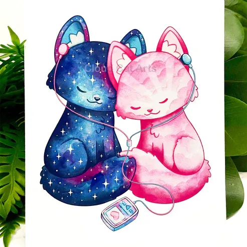 Kitty Tunes - Blue &amp; Pink Cat Art Print