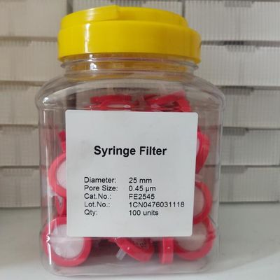 (0.45 μm) 25 mm Hydrophobic PTFE Syringe Filter | Polypropylene Housing (Red) | P/N: FE2545